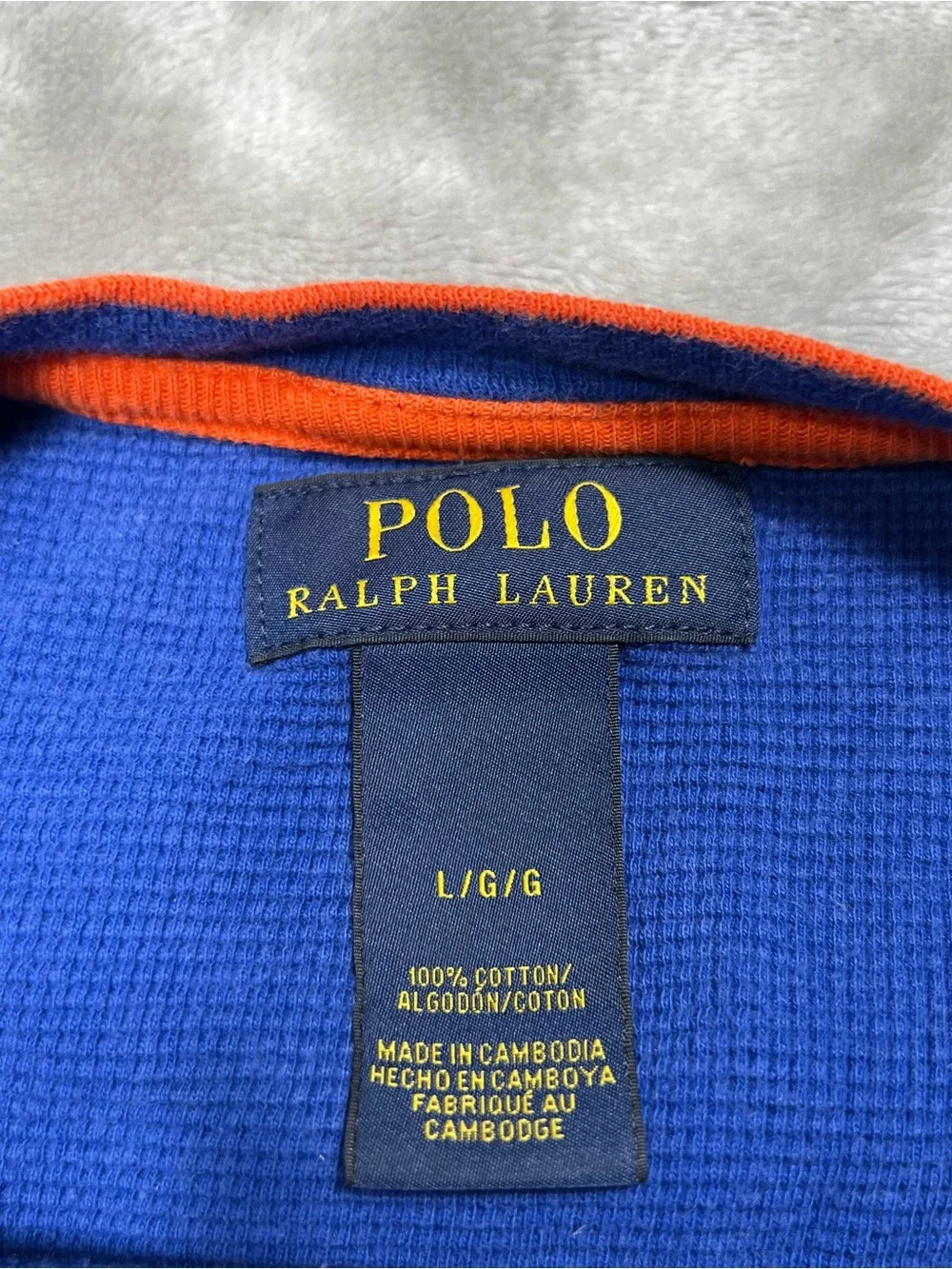 Polo Ralph Lauren Thermal L/S Shirt Mens L Blue/Orange Waffle Knit Pony Logo